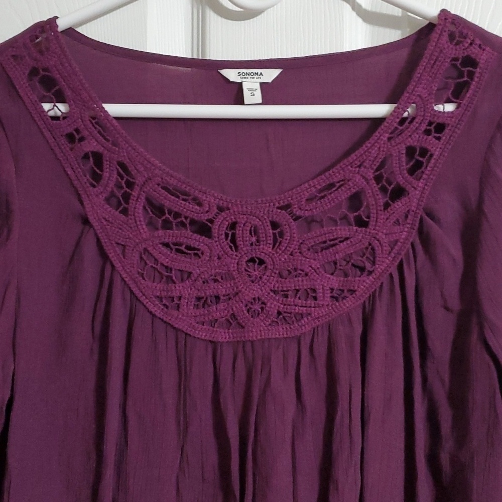 Sonoma Women's Purple Long Sleeve Embroidered Neckline Tunic Size Small - Picture 2 of 10